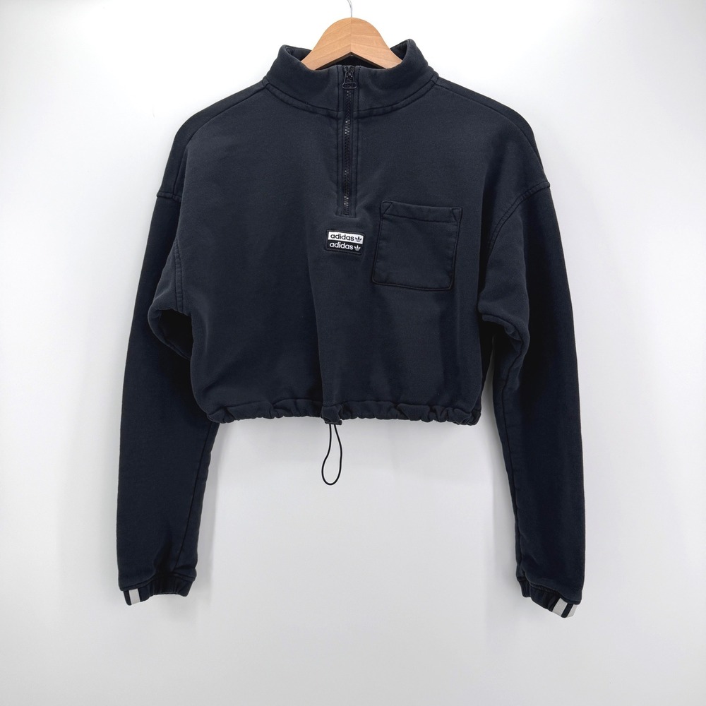 Adidas Sweatshirt Womens M Black Crop Quarter Zip Pullover Bungee Hem‎ Sporty